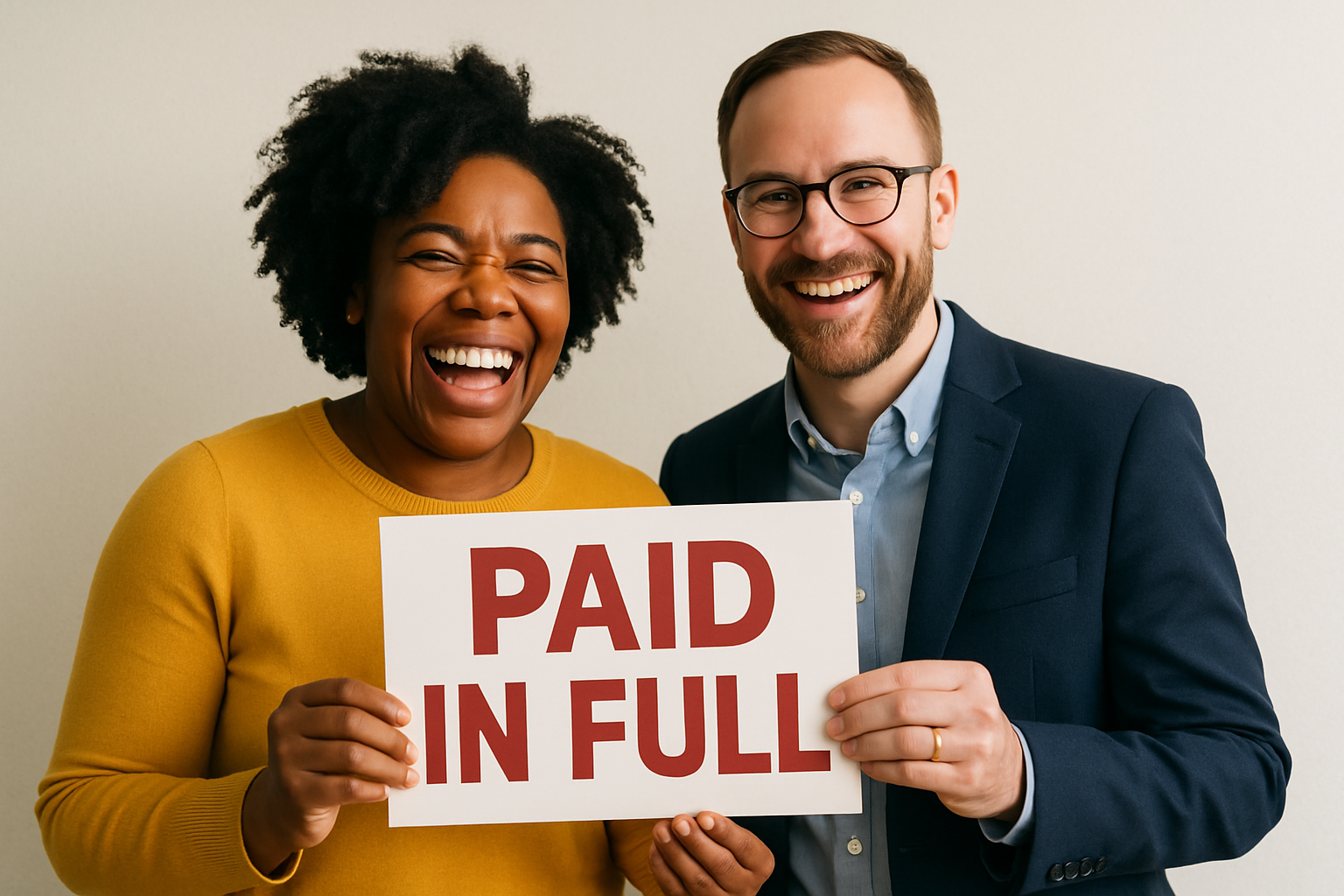 Client celebrating becoming debt-free, holding a 'Paid in Full' sign with their coach.