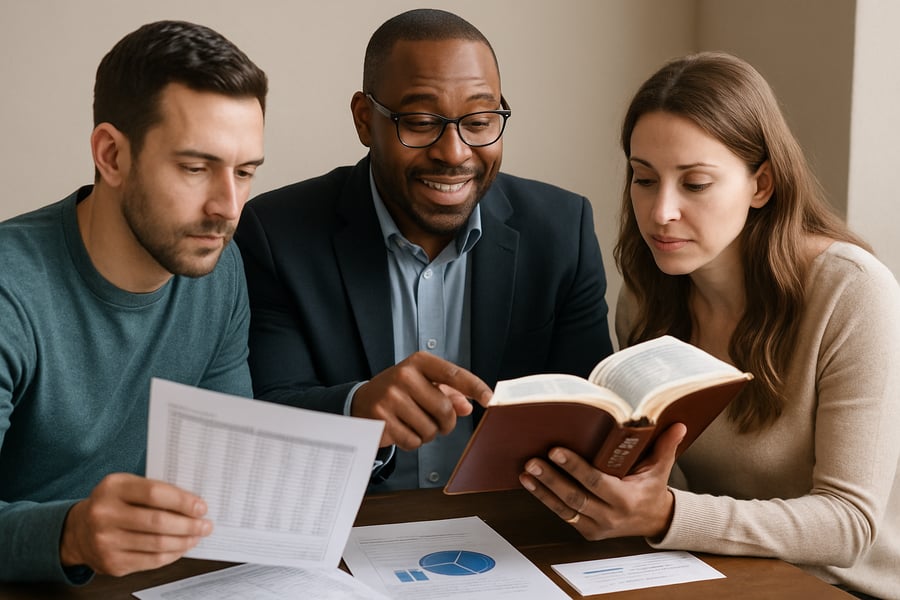 Financial coach guiding clients with a Bible and financial documents Financial coach guiding clients with a Bible and financial documents