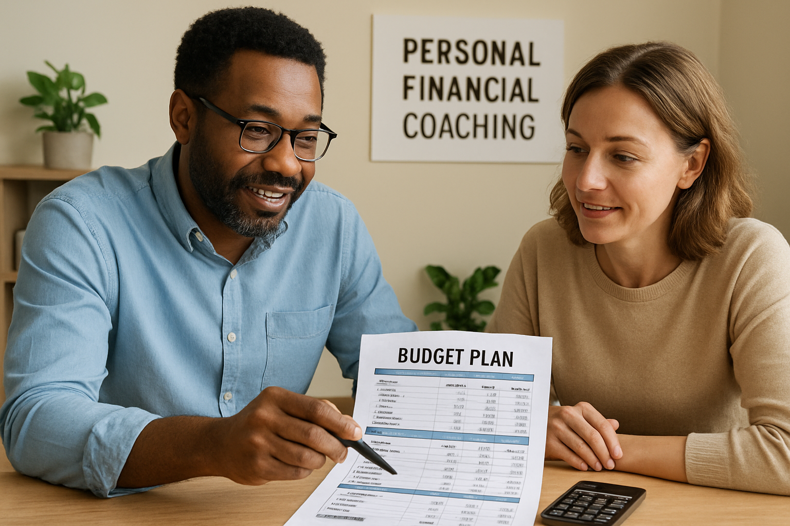 Personal financial coaching session with a client and coach reviewing a budget plan.